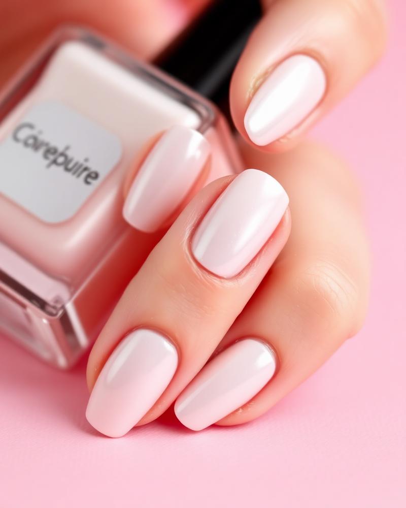 Soft pink glossy nails with polish bottle