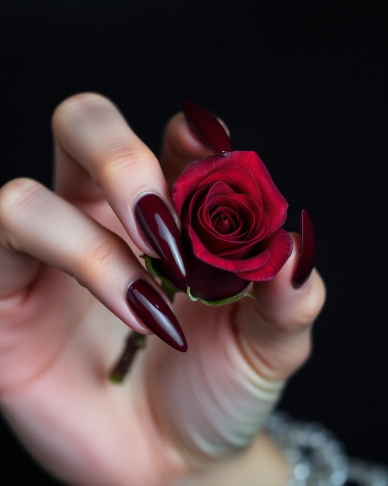 Long burgundy almond nails holding a rose
