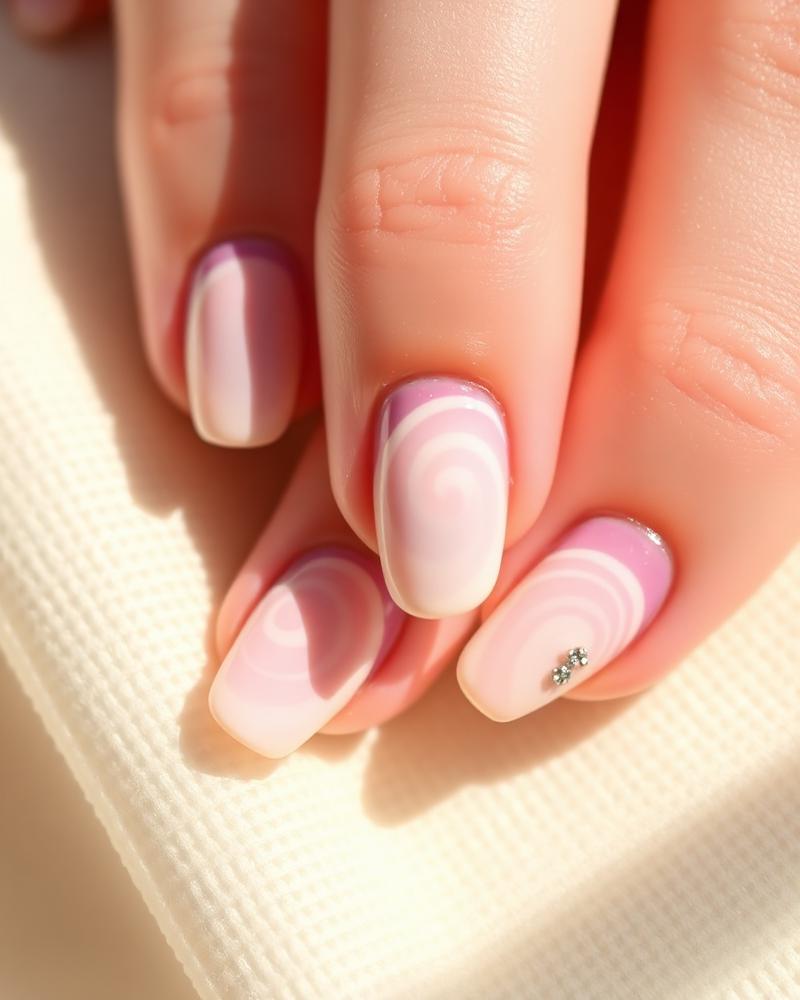 Pastel swirl nail art with crystal accents