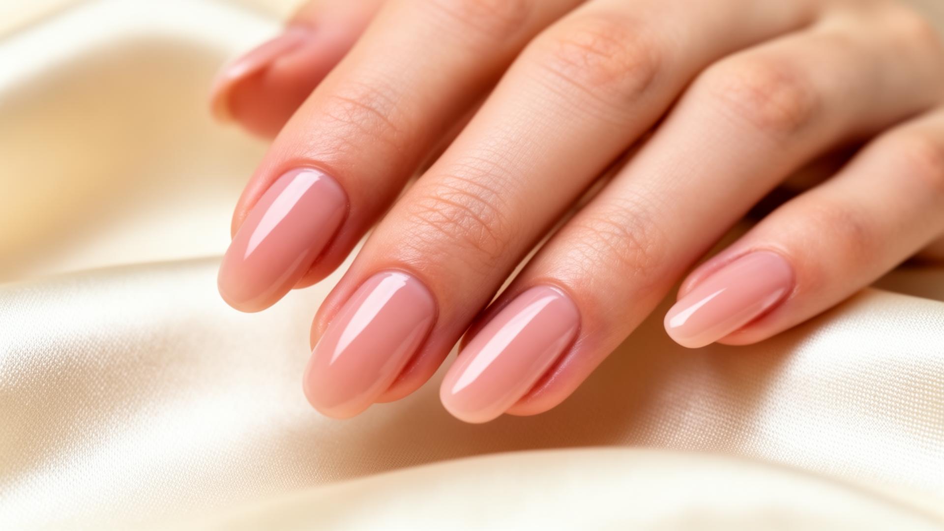 Close-up of glossy nude pink manicured nails on cream silk