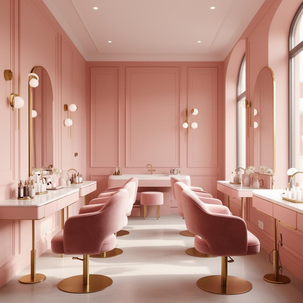 Interior of Kenzy's Nails studio with blush walls and brass fixtures